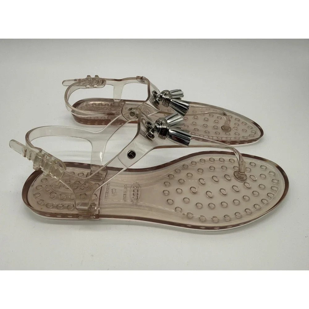 Tod's Jelly Sandals Womens 40 | 10 Grey New Tassel Slingback Thong PVC
